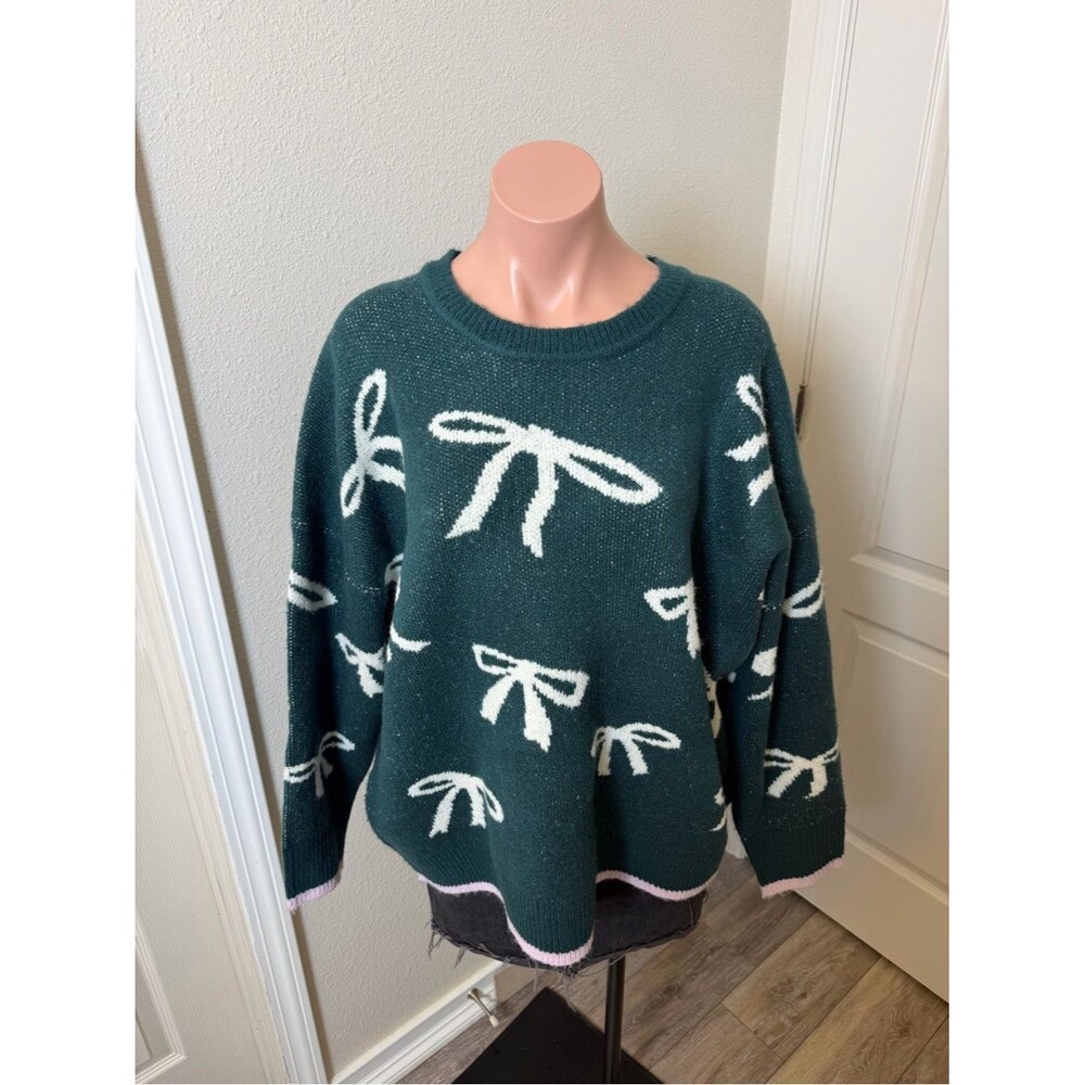 NWT C&C California Green Bow-Pattern Crewneck Sweater Sz 1X